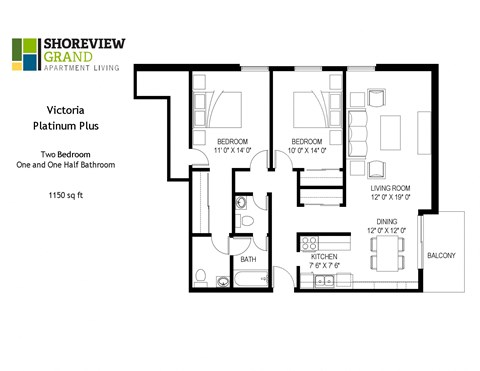 Floor plan for 2 beds, 1 bath, 1150 sqft